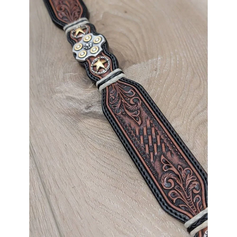 Silver Creek Tooled Leather Belt Western Sheriff Star Revolver Concho Sz 34